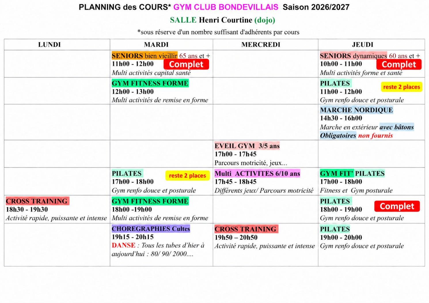 Planning des cours