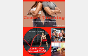 CROSS TRAINING dès 16 ans
Puissant et intense 
Lundi 18h30 / Mercredi 19h50
Activité rapide et intense pour HOMME et FEMME
HIIT, entraînement fractionné à haute intensité pour développer sa fonction cardio respiratoire. Travail en puissance et en endurance. Améliorer sa condition physique générale. Coordination et amélioration de l'équilibre. Renforcement des chaînes musculaires
