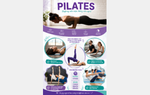 PILATES dès 15 ans
Mardi 17h00
Jeudi 11h00 / 18h00 et 19h00 
Gymnastique douce et posturale de renforcement des muscles profonds, associant respiration, concentration, précision, contrôle...)Méthode vous apportant un bien être physique et mental. Renforcement de la ceinture abdominale, ventre plat et dos fortifié. Améliore l'équilibre, la coordination et la souplesse.