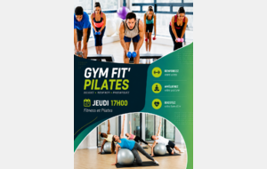 Gym  FIT' PILATES dès 15 ans
Jeudi 17h00 
Cours de gym  hybride réunissant une partie Fitness et une partie Pilates.
Fitness : Gym dynamique de renforcement musculaire avec différents matériels (haltères, élastique, ballon, bâton, fitball, step...)
Pilates : Gym douce et posturale pour tonifier en profondeur les muscles de la sangle abdominale et du dos en associant,  respiration, concentration, précision, contrôle…) Méthode vous apportant un bien être physique et mental.
La séance se terminera par du stretching pour détendre tous les muscles et conserver sa souplesse.