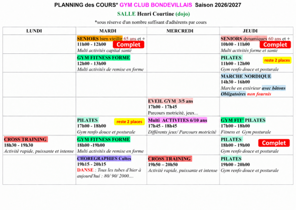 Planning des cours