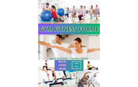 GYM FITNESS FORME  dès 15 ans
Cours Multi activités de remise en forme HOMME / FEMME
Mardi - 12h00 et 18h00
Cours de gym fitness pour entretenir sa condition physique en fonction des capacités de chacun. Séances multi activités, thème différent chaque semaine (haltères, élastique, ballon, cerceau, corde, bâton, chaise, fitball, step...) combinant du travail d'endurance (cardio), du renforcement musculaire, des séquences de coordination et d'équilibre, et des étirements pour conserver sa souplesse.