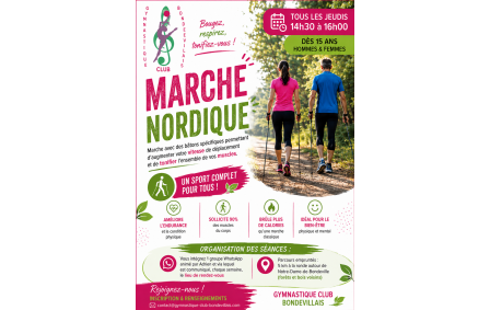 MARCHE NORDIQUE dès 15 ans
JEUDI 14h30 à 16h00
Marche avec des bâtons spécifiques favorisant la propulsion. Cette technique de marche permet d'augmenter votre vitesse de déplacement et de tonifier l'ensemble de vos muscles (haut et bas du corps). Amélioration des capacités d'endurance, de coordination et d'équilibre. La pratique collective de cette activité en connexion avec la nature participe au bien-être mental. Vous intégrez un groupe WhatsApp animé par l'animateur dans lequel sera communiqué chaque semaine, le lieu de rendez-vous.          Parcours empruntés : 5 km à la ronde autour de Notre Dame de Bondeville (forêts et bois voisins)
Matériel personnel demandé:                                                  Bâtons de marche nordique obligatoires                                Chaussures de sport imperméables avec picots                    Sac à dos technique pour transporter gourde et un encas